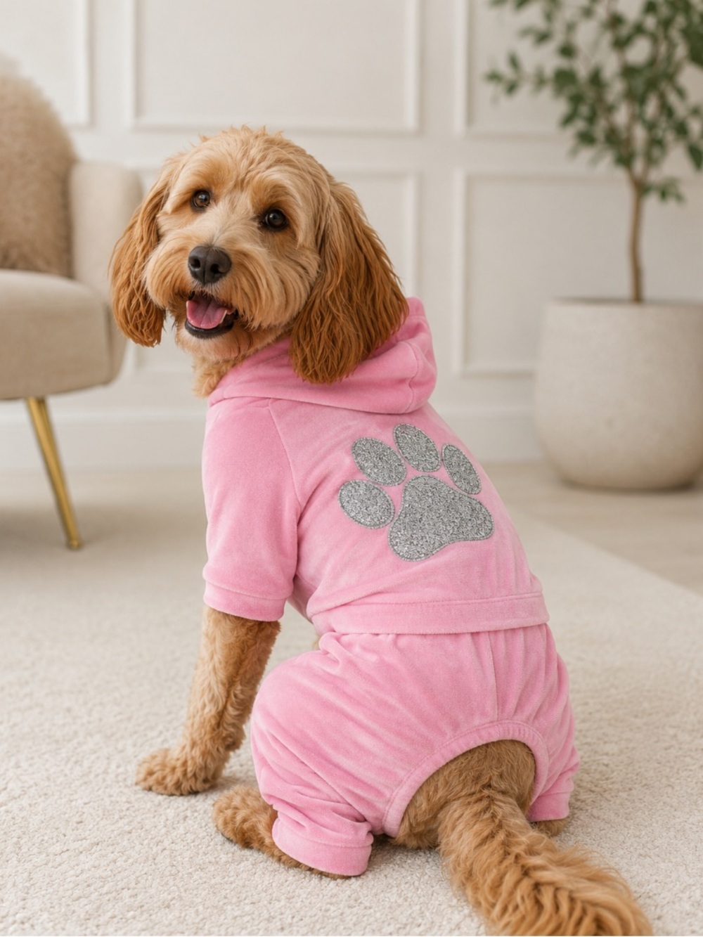 🦋 Isaac Mizrahi Pink Plush Velour Dog Tracksuit Hoodie with Glitter Paw NWT M